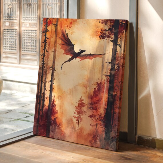 Dragon Flying Autumn Forest Watercolor Fall Woodland Magic Poster