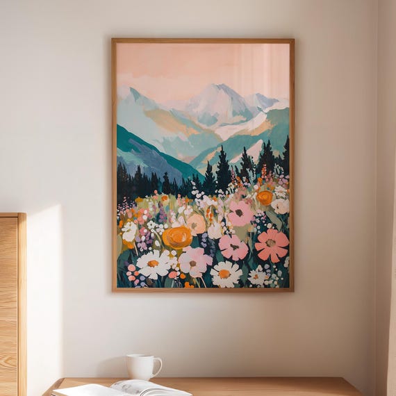 Mountain Meadow With Vibrant Wildflowers Bold Floral Art Majestic Peaks