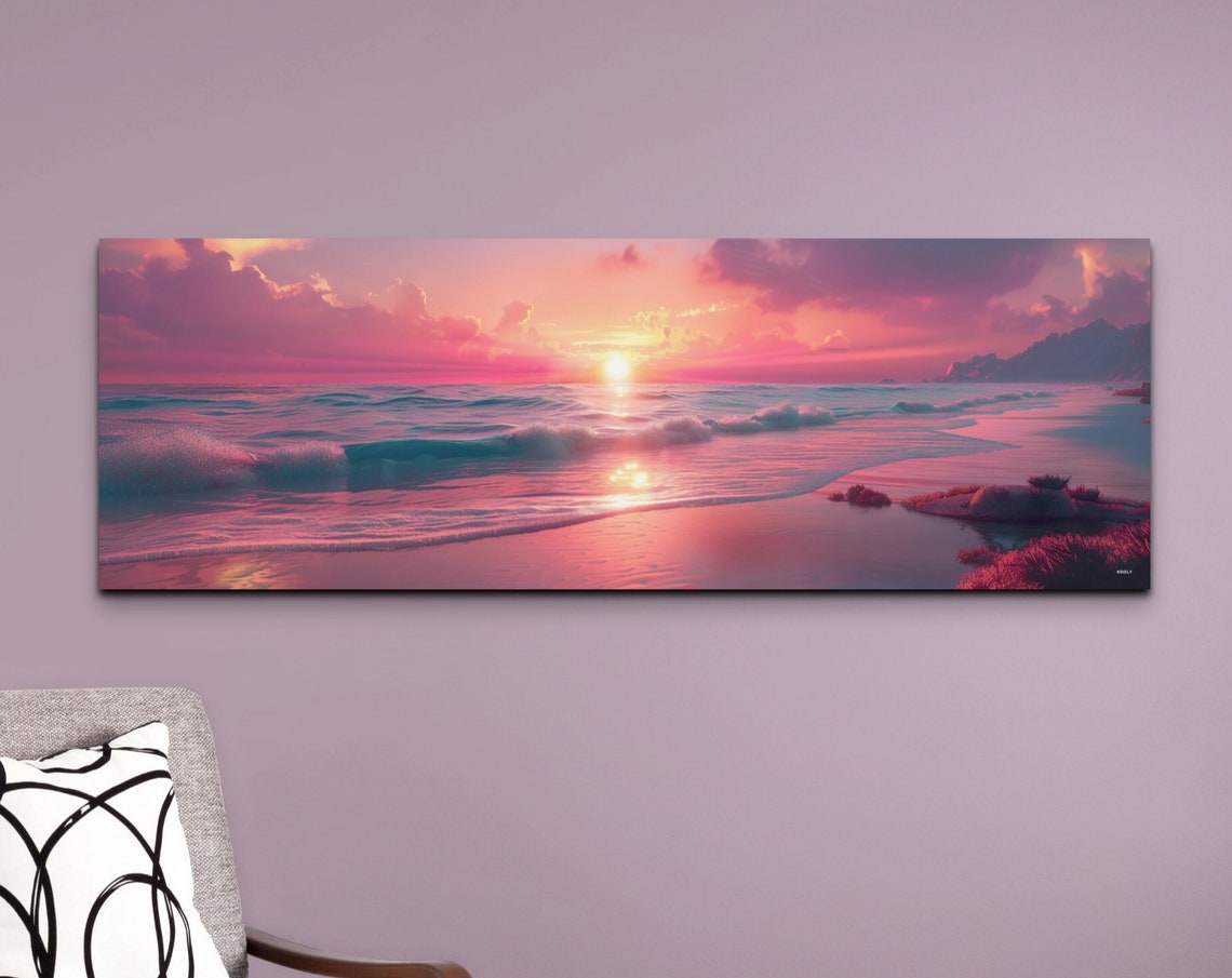 Pink Sunset Beach Waves Panoramic Ocean Glow Seascape Poster