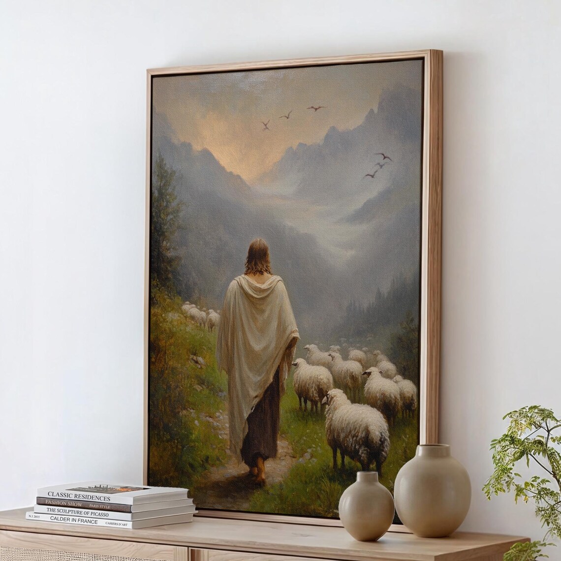 Jesus Leading Sheep Mountain Valley Good Shepherd Faith Poster