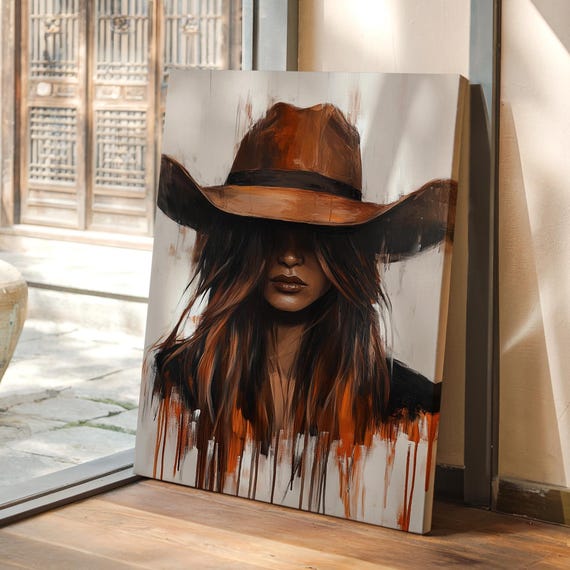 Western Cowgirl Wall Art Brunette Dripping Paint Portrait Rustic Country Girl Modern Rodeo Farmhouse Wall Decor