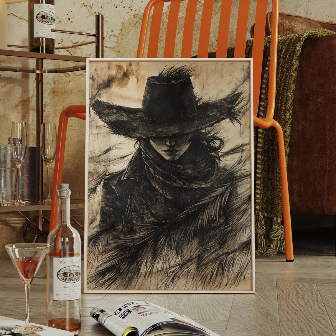 Mysterious Woman in Cowboy Hat Dark Feather Cloak Sketch Poster