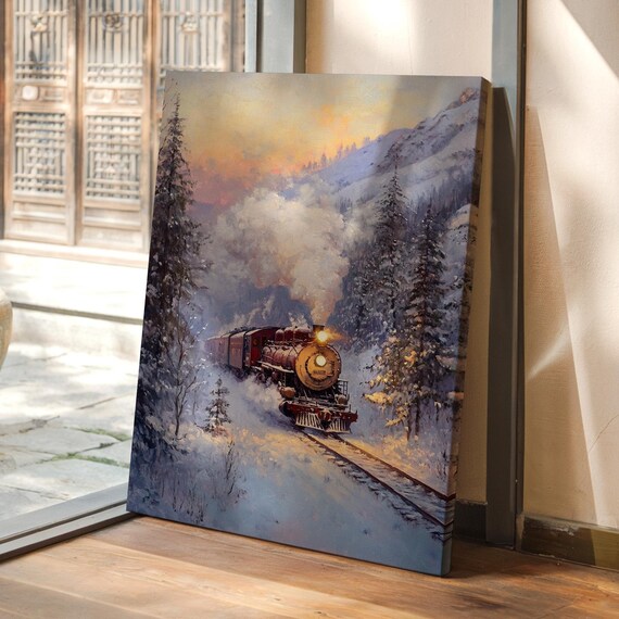 Vintage Steam Train Through Snowy Mountain Pines Dusk Journey Poster