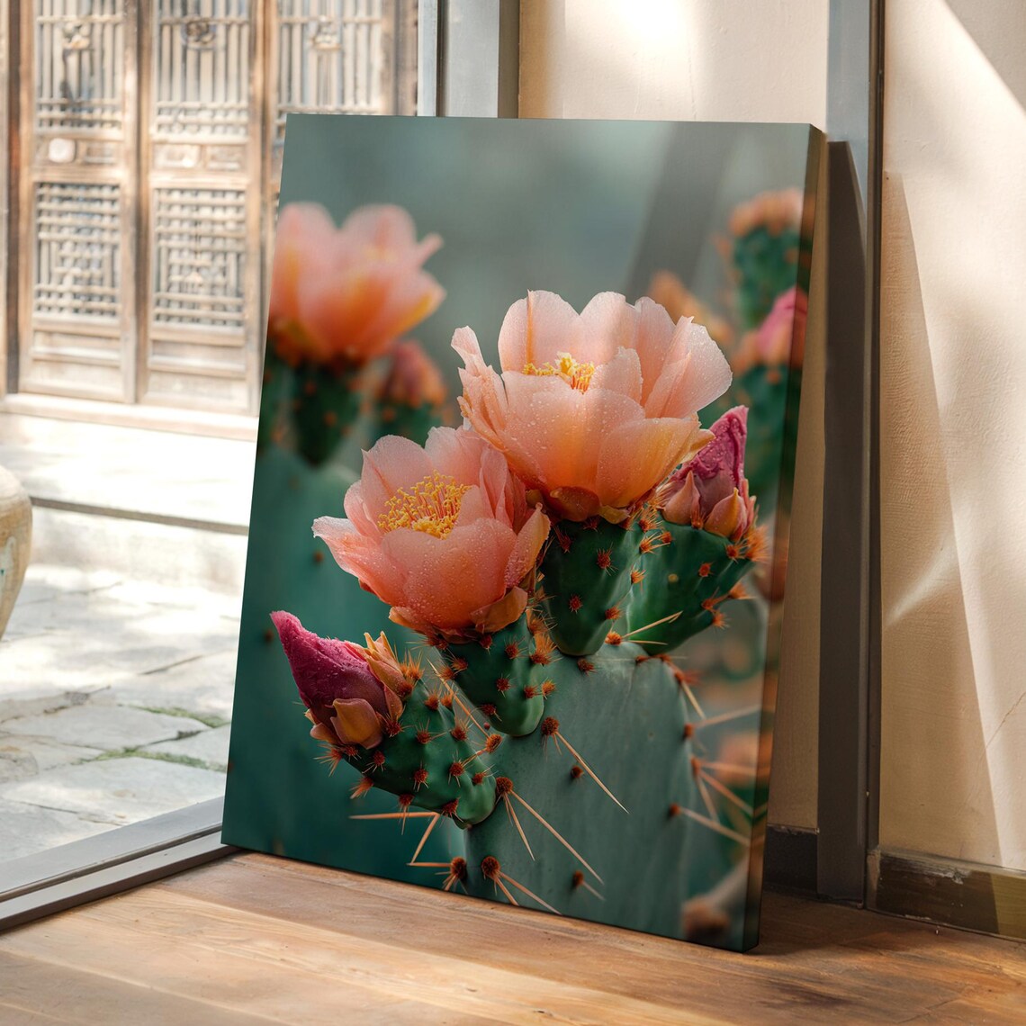 Prickly Pear Cactus Flower Wall Art Blooming Desert Succulent Canvas Print Southwestern Botanical Artwork For Boho Rustic Home Dcor