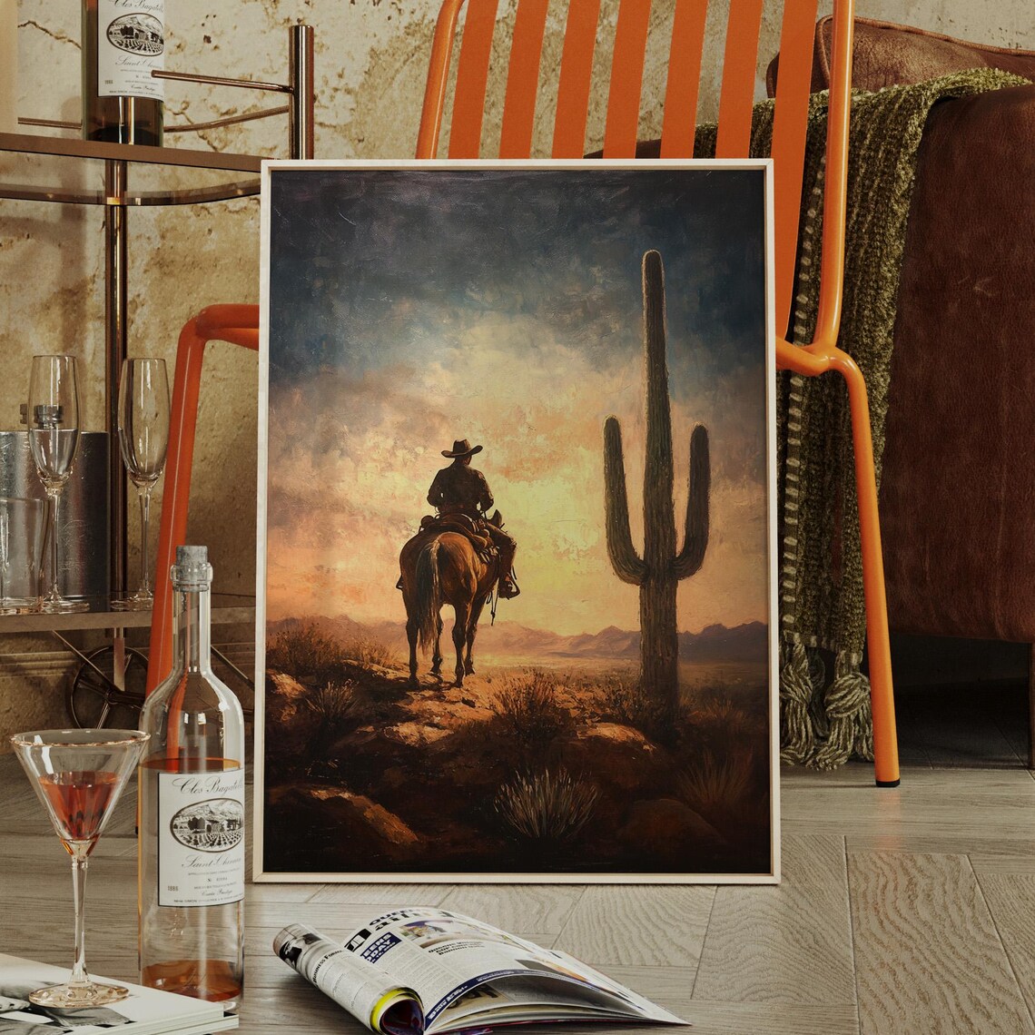 Cowboy on Horse Beside Saguaro Cactus Desert Sunset Art Poster