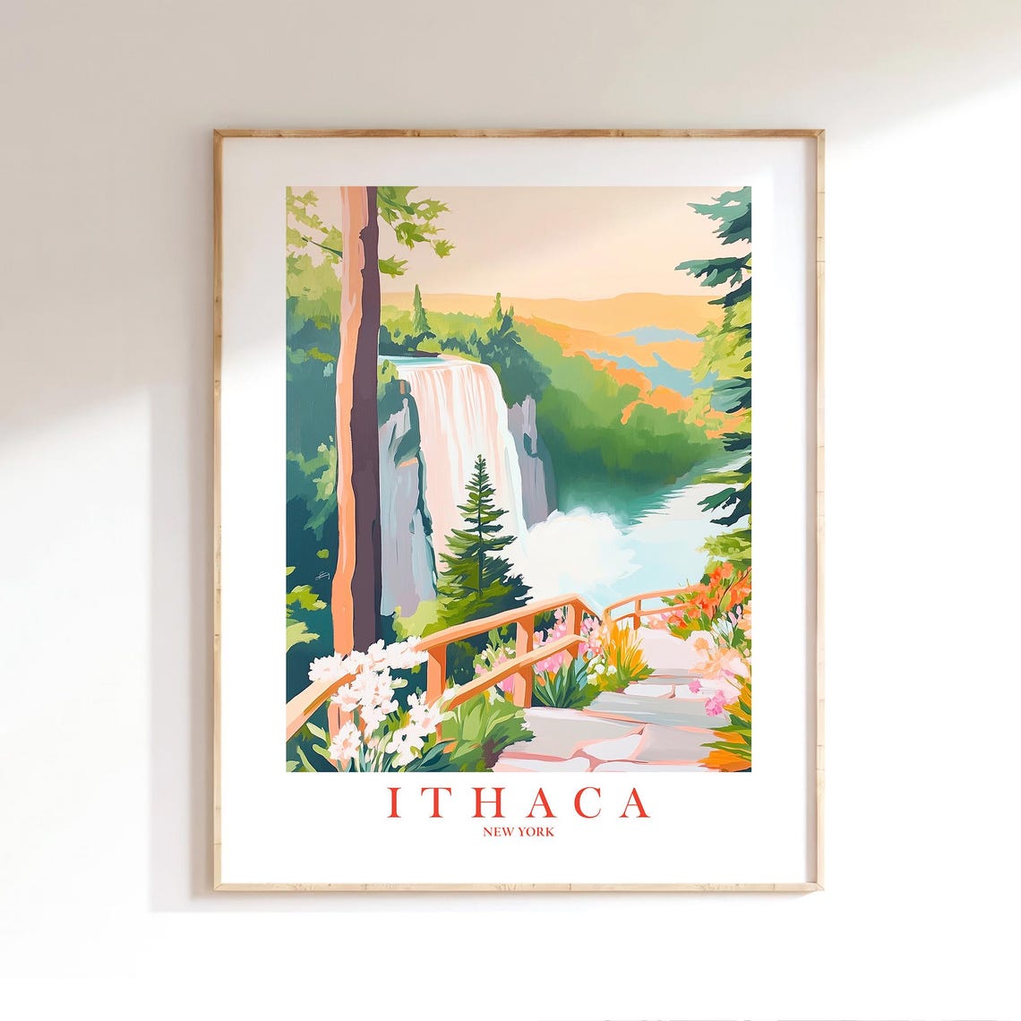 Ithaca New York Waterfall Overlook Blooming Autumn Forest Poster