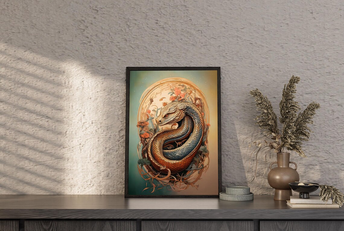 Year Of The Snake Ornate Floral Art Nouveau Coiled Serpent Wall Art Poster - Image 2