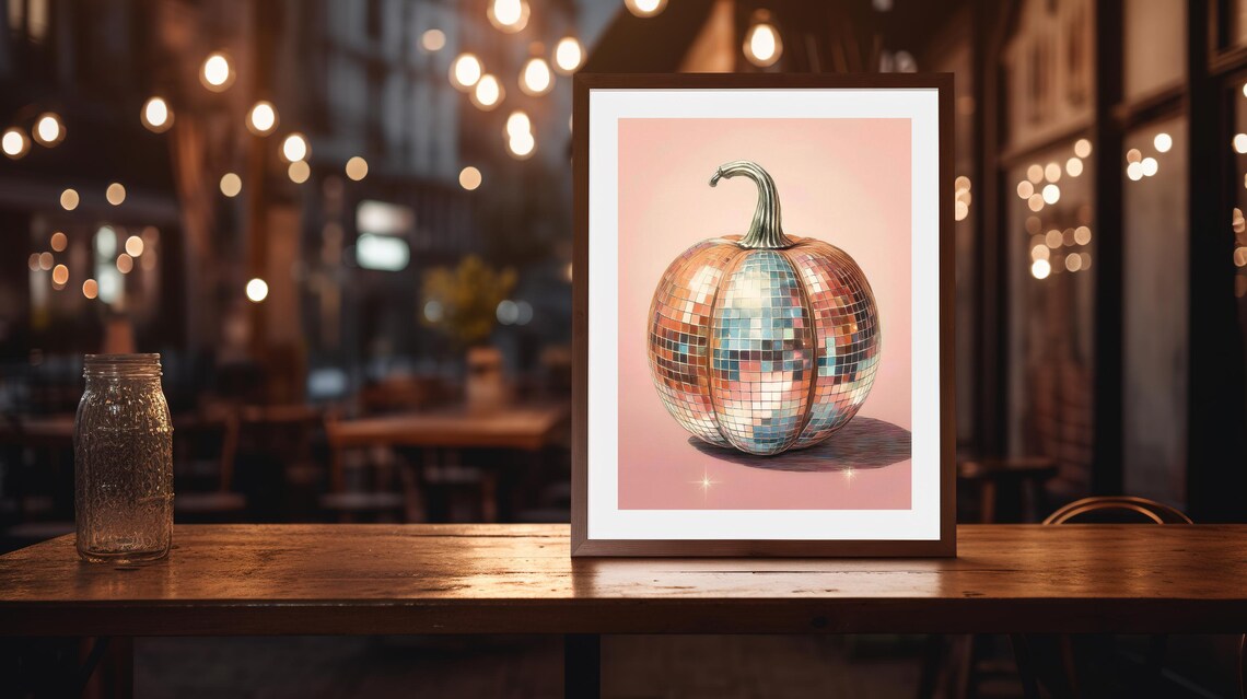 Disco Ball Pumpkin Pink Sparkle Groovy Retro Fall Party Wall Art Poster - Image 2