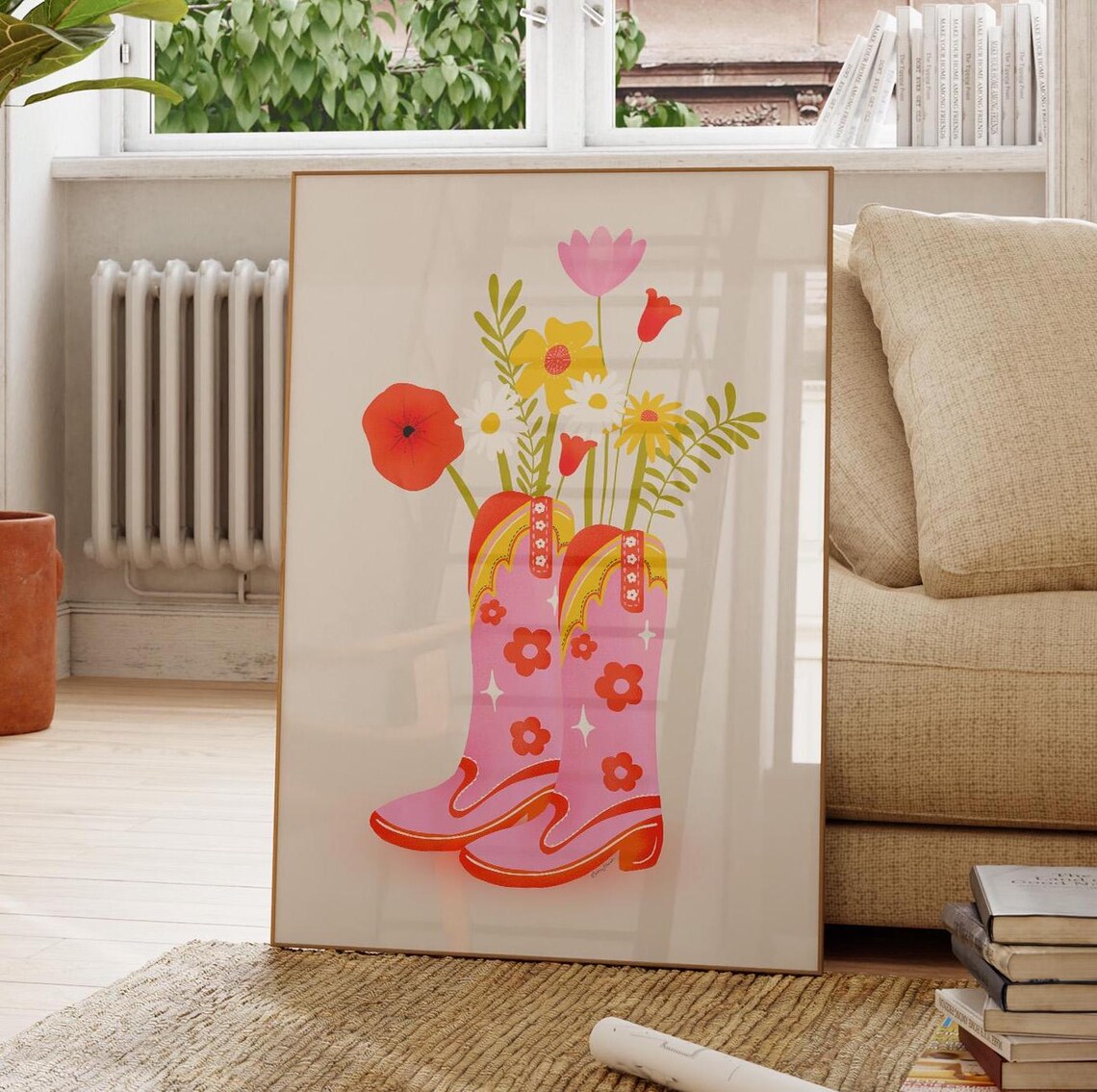 Cowgirl Boots With Flowers, Trendy Pink Art Print
