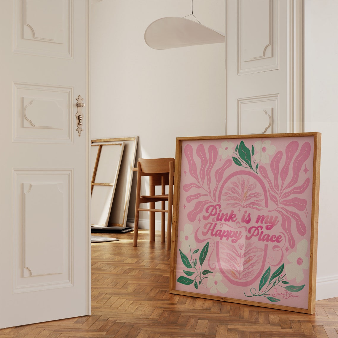 Pink Is My Happy Place Botanical Square Typography Art Poster - Image 3
