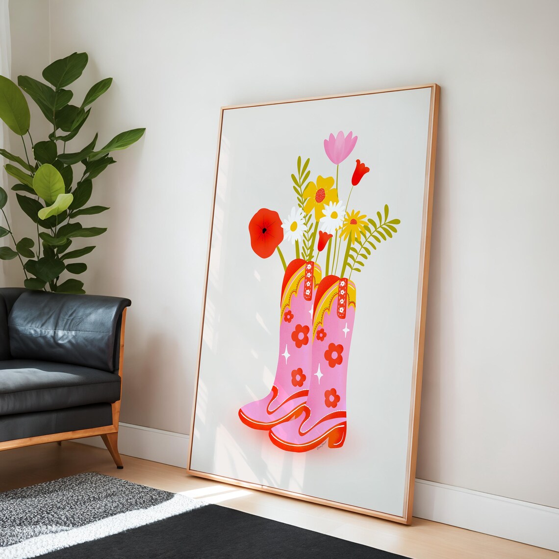 Cowgirl Boots With Flowers, Trendy Pink Art Print - Image 3
