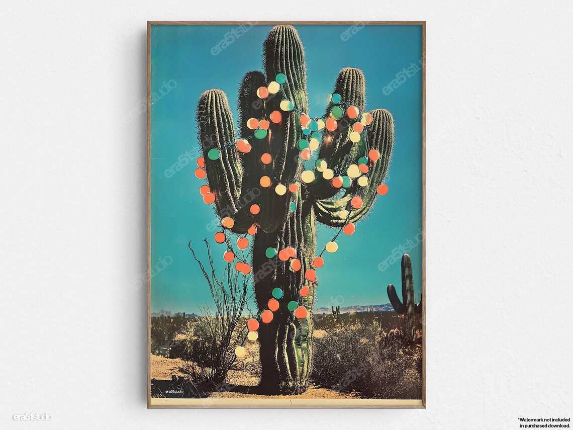 Cactus Holiday Lights, Mid-Century Minimalist Art Print