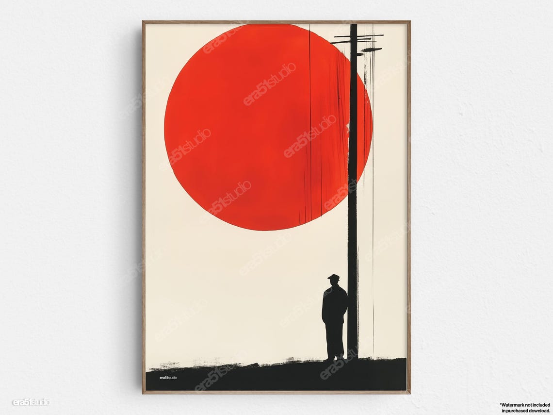 Man Under Red Sun Original Midcentury Modern Minimalist Wall Art