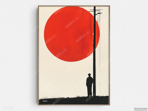 Lone Man Beneath Giant Red Sun Minimalist Silhouette Wall Art
