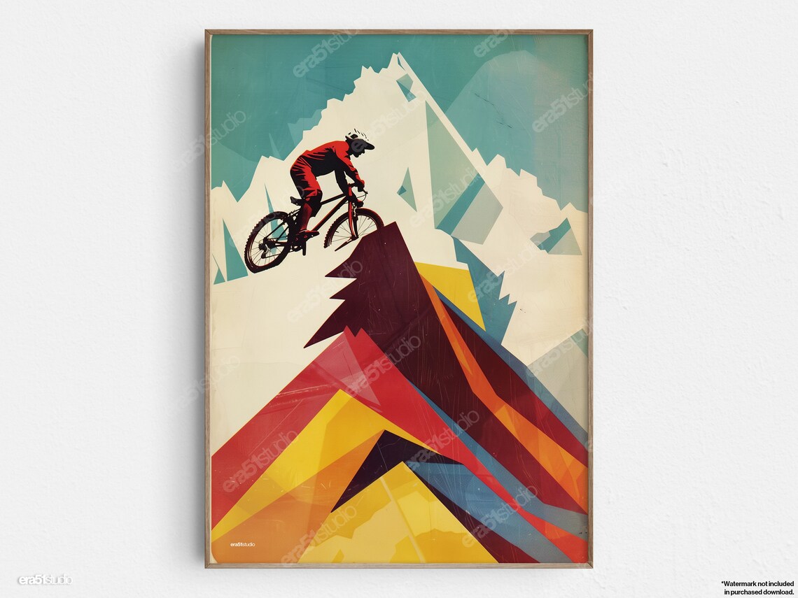 Geometric Mountain Biker, Mid-Century Minimalist Art Print