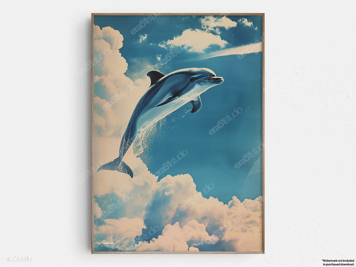 Dolphin Leap Among Clouds, Mid-Century Modern Wall Art Print