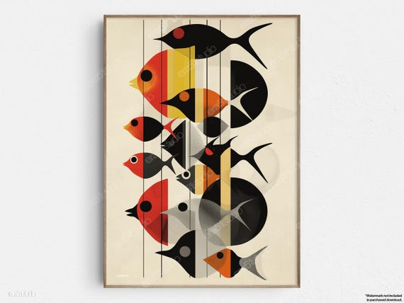 Abstract Fish School Original Midcentury Modern Minimalist Wall Art