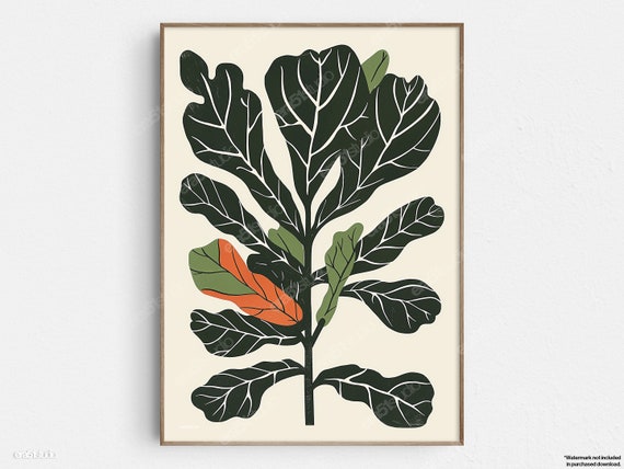 Green Fiddle Leaf Fig Ficus Plant Original Midcentury Modern Minimalist Wall Art