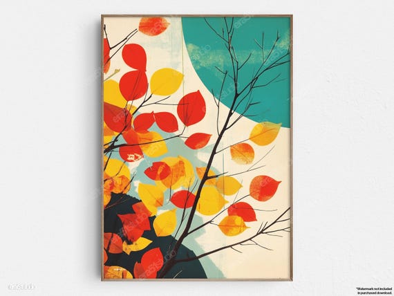 Red Yellow Fall Leaves Original Midcentury Modern Minimalist Wall Art