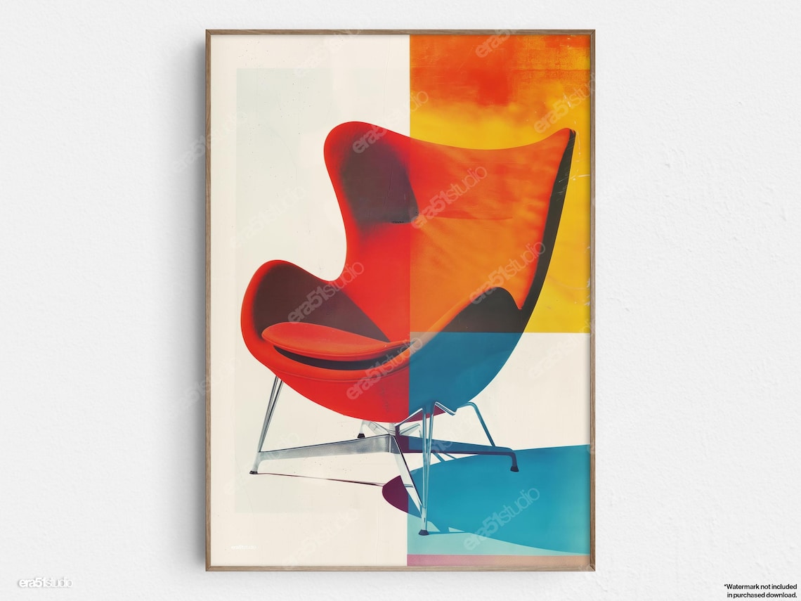 Red Egg Lounge Chair Color Block Mid Century Modern Art Poster