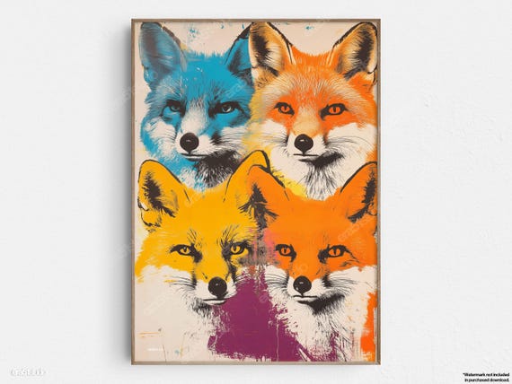 Colorful Fox Portraits Quad Original Midcentury Modern Minimalist Wall Art