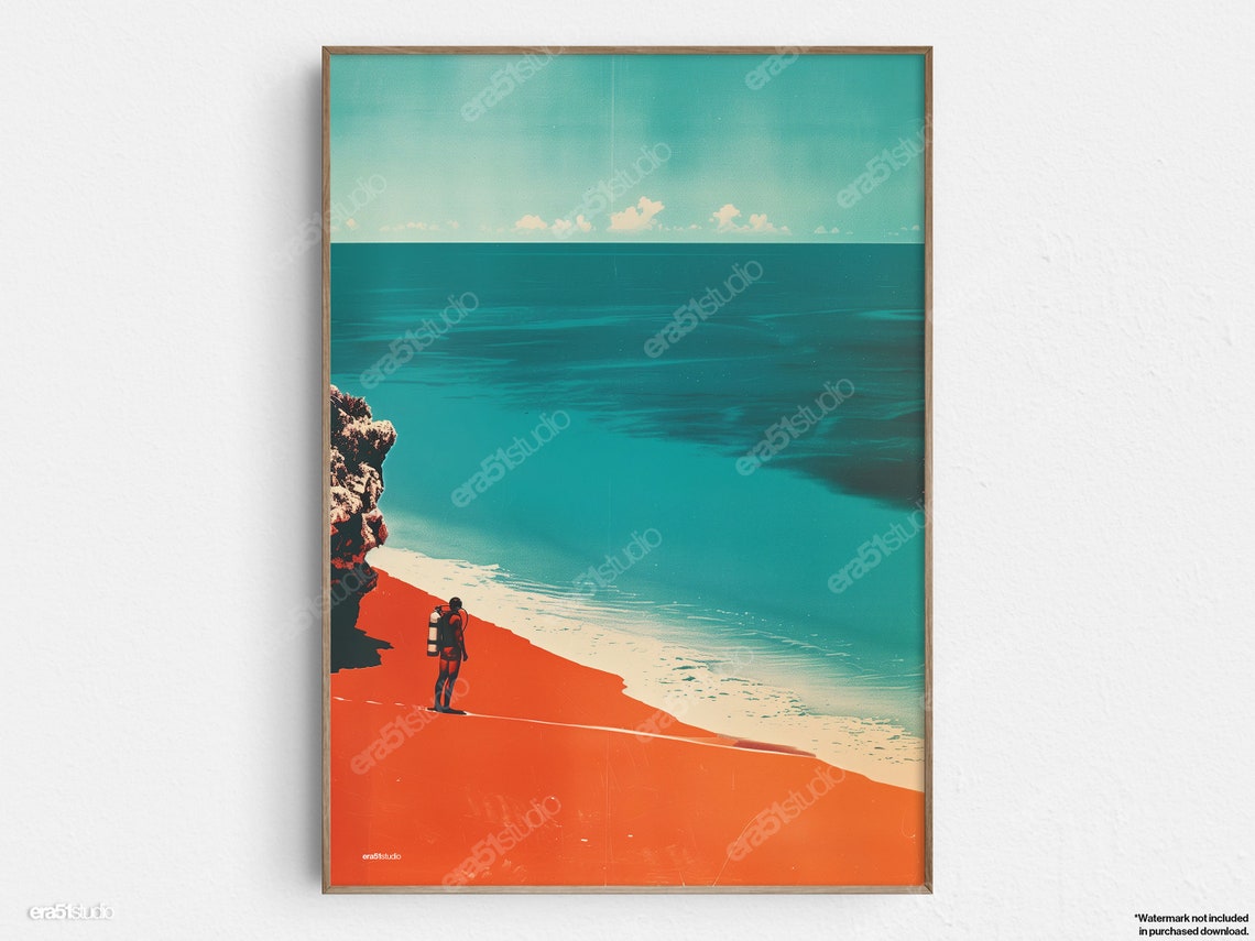 Scuba Diver At Seas Edge Original Midcentury Modern Minimalist Wall Art