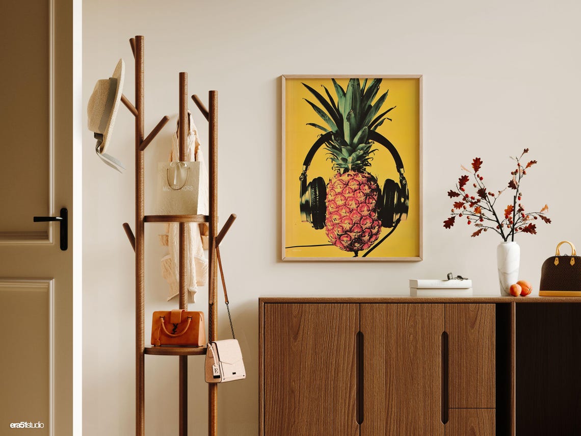 Pineapple Wearing Headphones On Yellow Background Pop Poster - Image 2