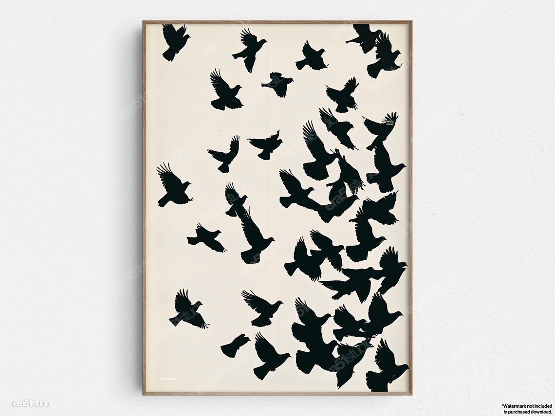 Flying Doves Silhouette, Mid Century Modern Art Print