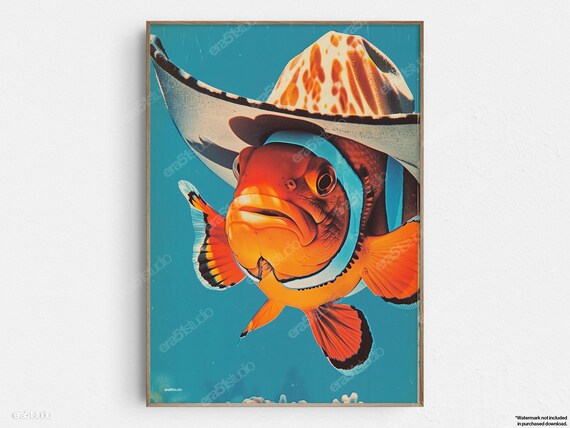 Clownfish Wearing Cowboy Hat Vintage Ocean Style Funny Fish Poster