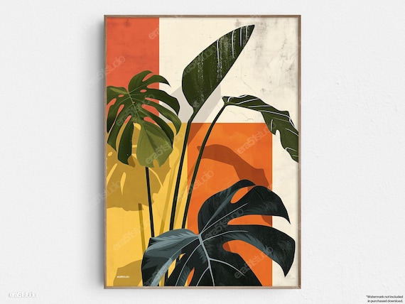 Monstera Tropical Leaves Orange Botanical Midcentury Wall Art