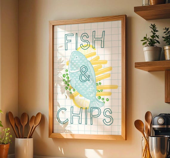 Fish Chips Art Only Kitchen Print Blue Fish Kitchen Food Art Fish And Chips
