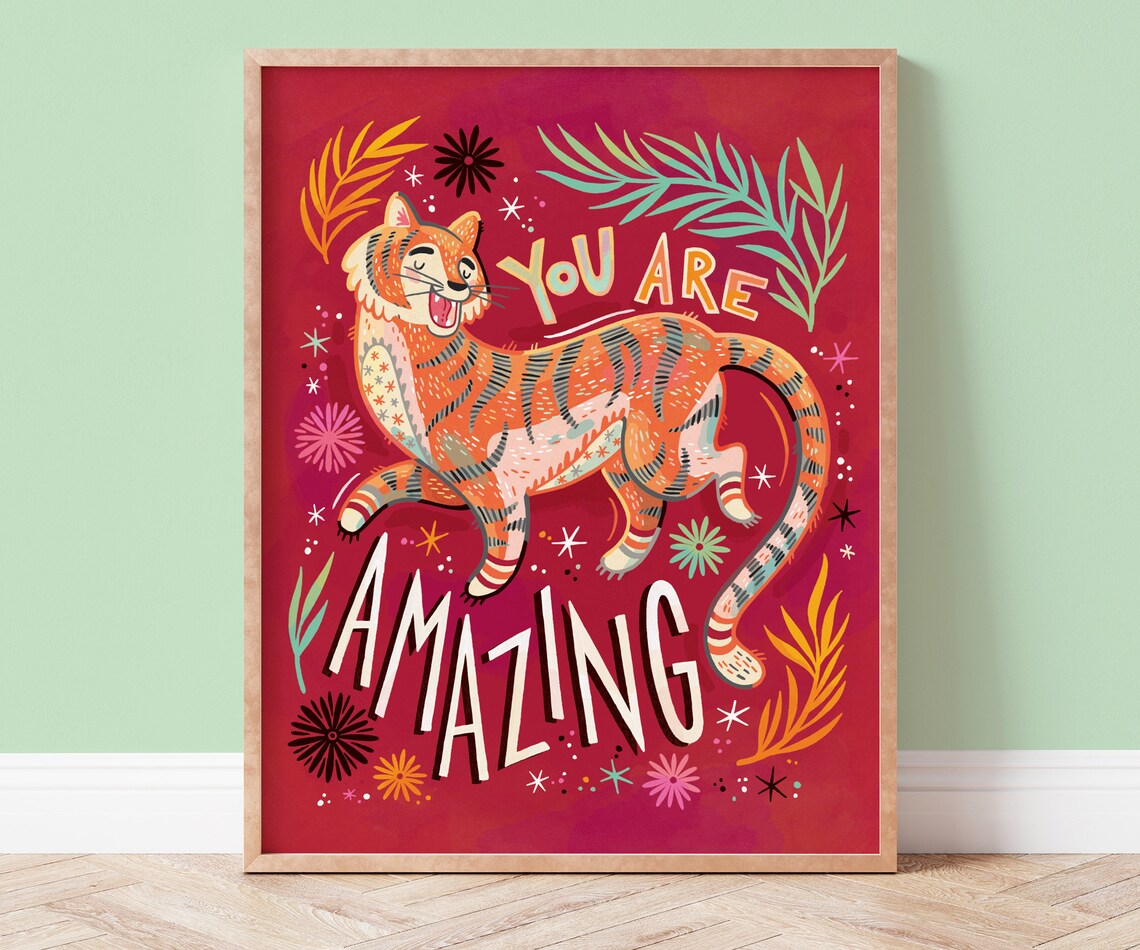 Tiger Colorful Hand Lettered Maximalist Art Print