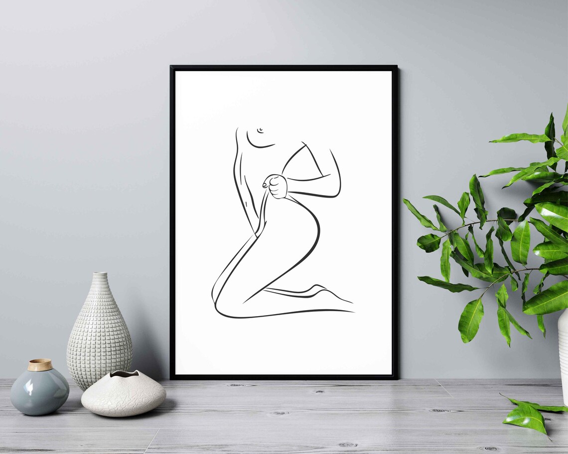 Kneeling Nude Figure One Line Drawing Minimalist Body Poster - Image 2