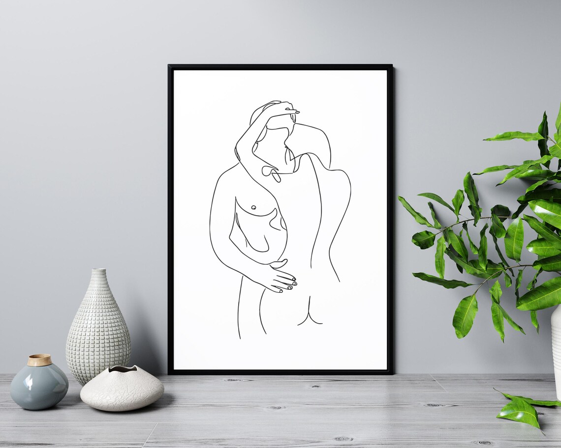 Nude Couple Kissing Line Art Romantic Embrace Sensual Modern Poster - Image 3