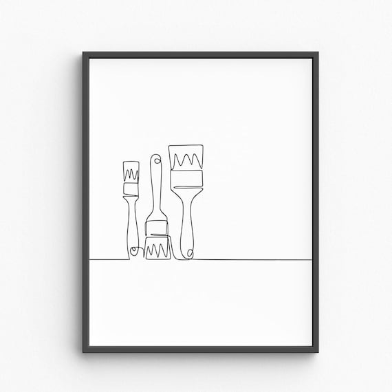 Minimalist Painter Line Art Artist Brushes Drawing Creative Wall Print Black White Decor Illustration