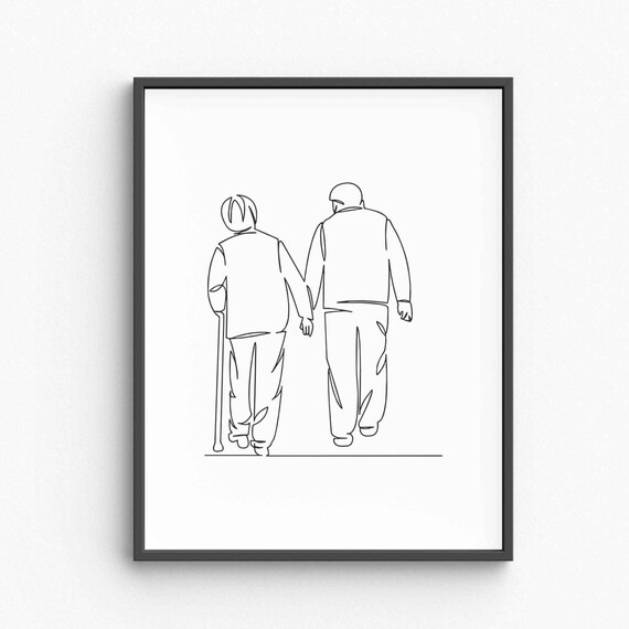 Minimalist Elderly Couple Line Art Hand In Old Lovers Drawing Timeless Romance Sketch Walking Together Wall