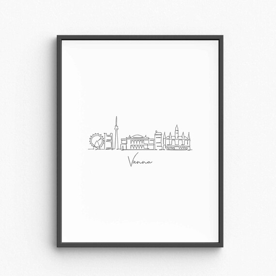 Vienna Austria Skyline Single Line Drawing Ferris Wheel Travel Poster