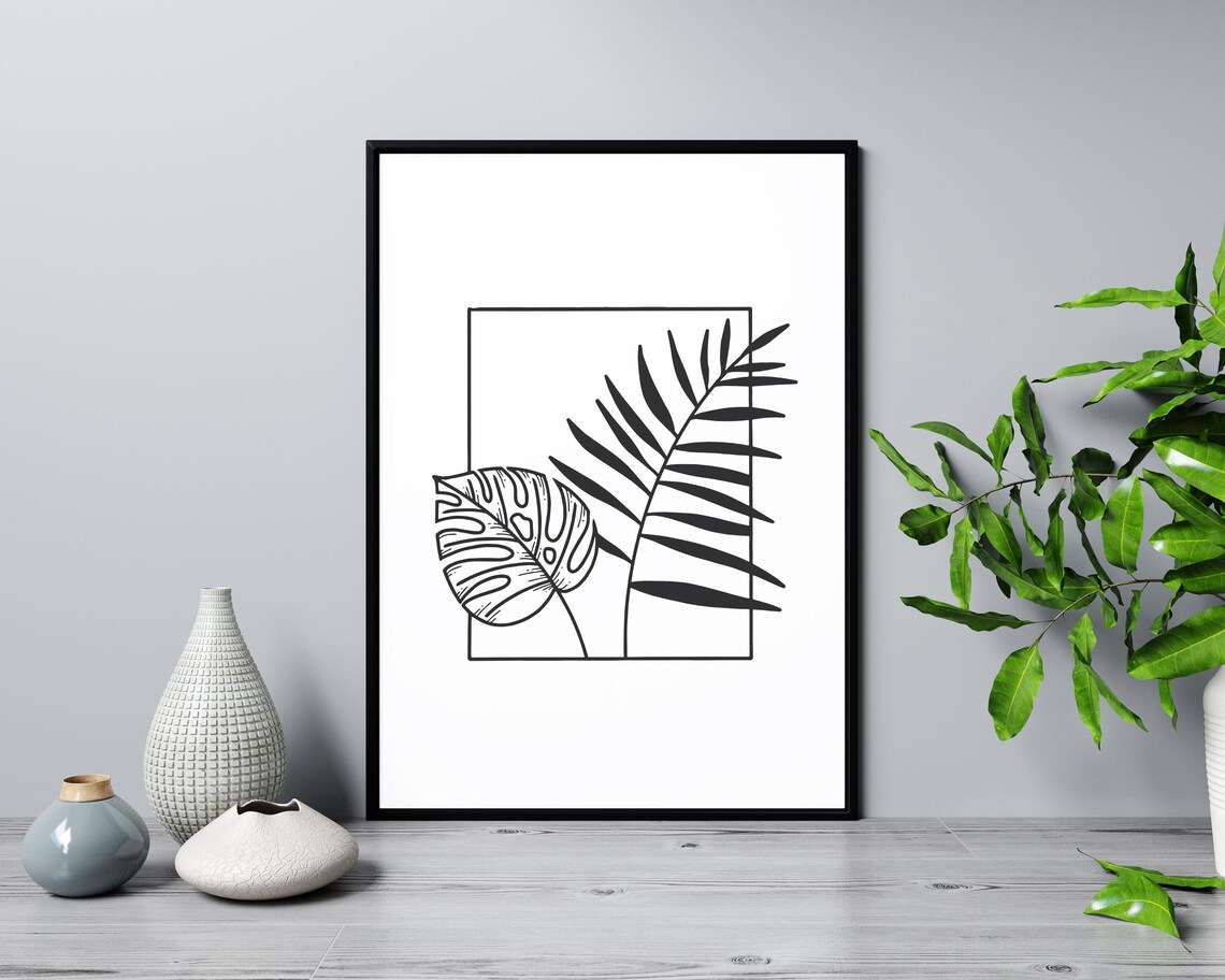 Monstera Palm Leaves Line Art Tropical Botanical Framed Poster - Image 3