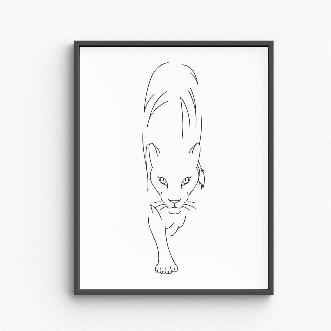 Stalking Prowling Panther Black Line Art Drawing Minimalist Poster