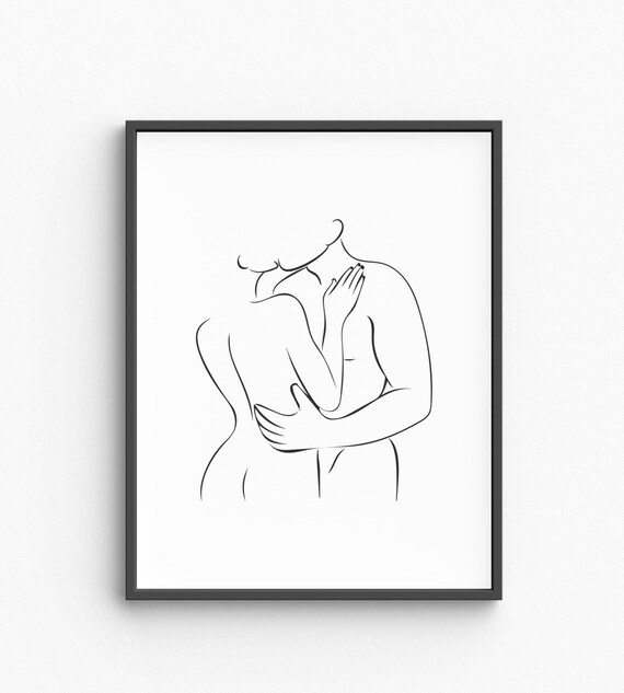 Couple Embrace One Line Drawing Minimalist Romantic Love Art Poster