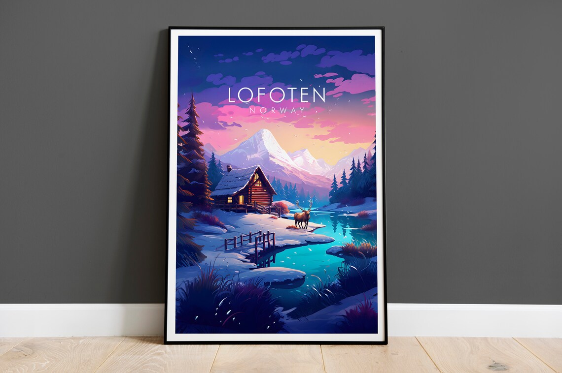Lofoten Norway Snowy Cabin Reindeer Pink Sunset Fjord Travel Poster