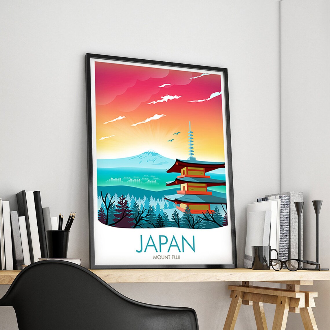 Japan Mount Fuji Pagoda Crimson Sunset Cherry Blossom Sky Poster - Image 4