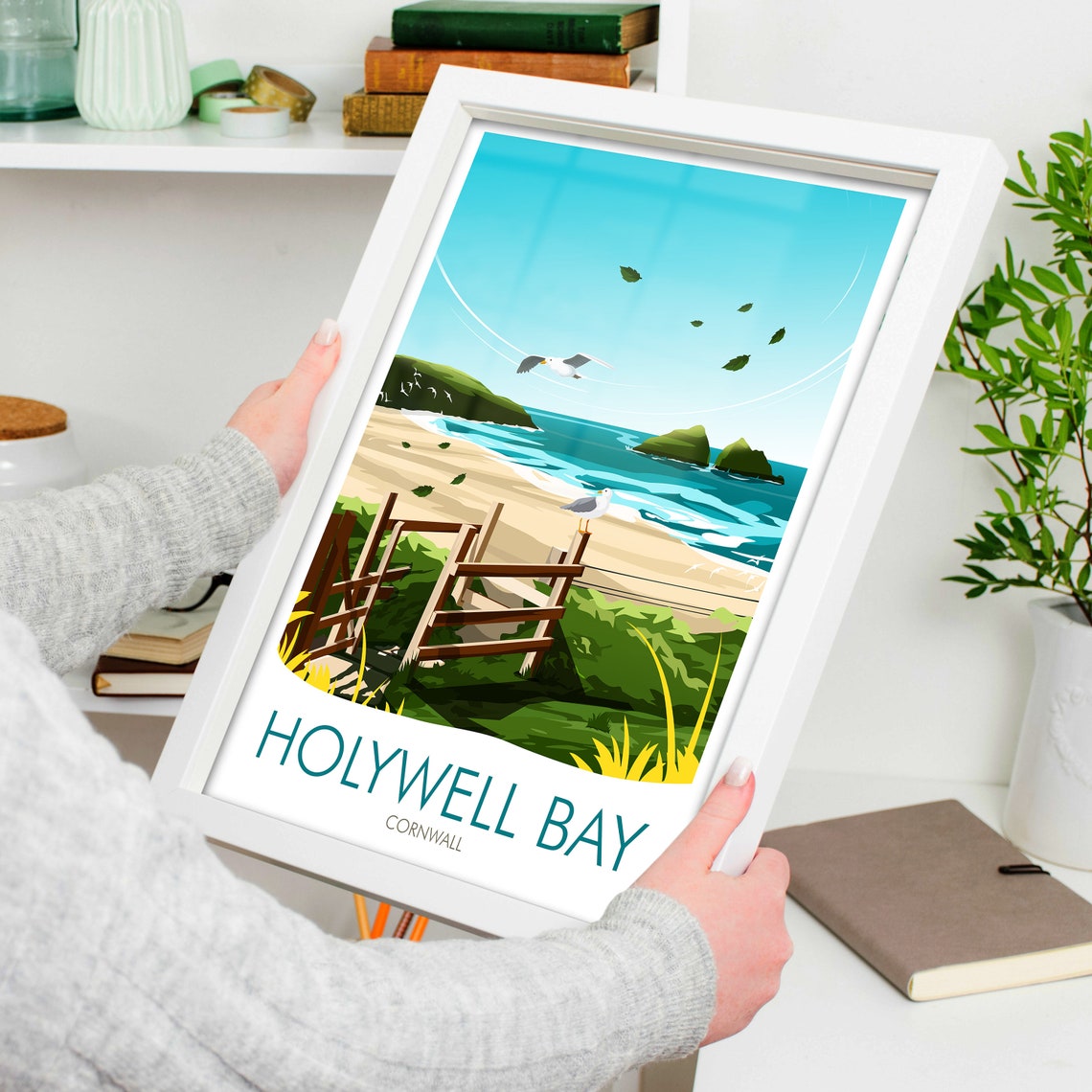 Holywell Bay Cornwall Beach Dunes Seagulls Vintage Travel Poster - Image 4