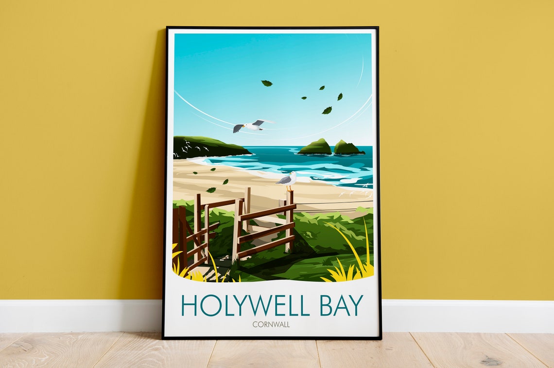 Holywell Bay Cornwall Beach Dunes Seagulls Vintage Travel Poster