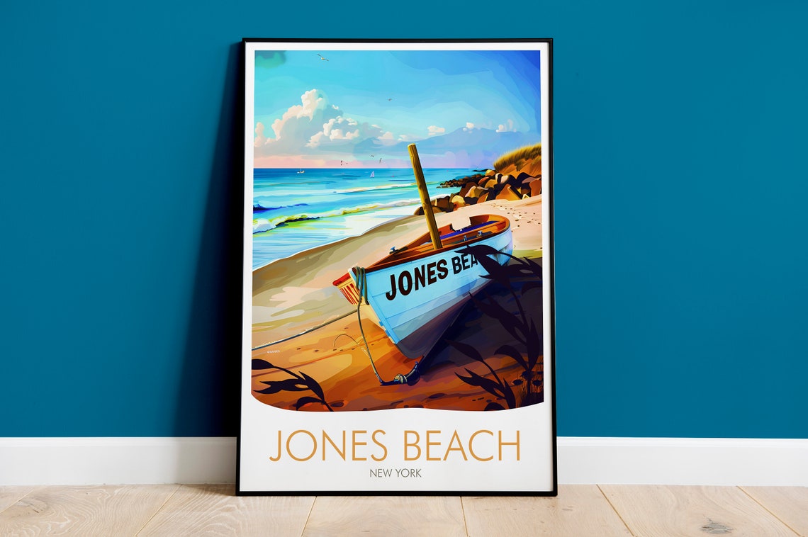 Jones Beach New York Beached Boat Coastal Sunset Scene Travel Poster