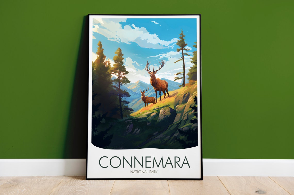 Connemara National Park Ireland Deer Hills Vintage Nature Poster