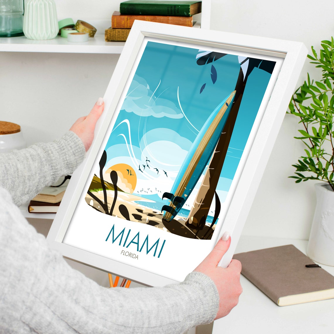 Miami Florida Surfboard Beach Sunrise Palm Tropical Surf Art Poster - Image 4