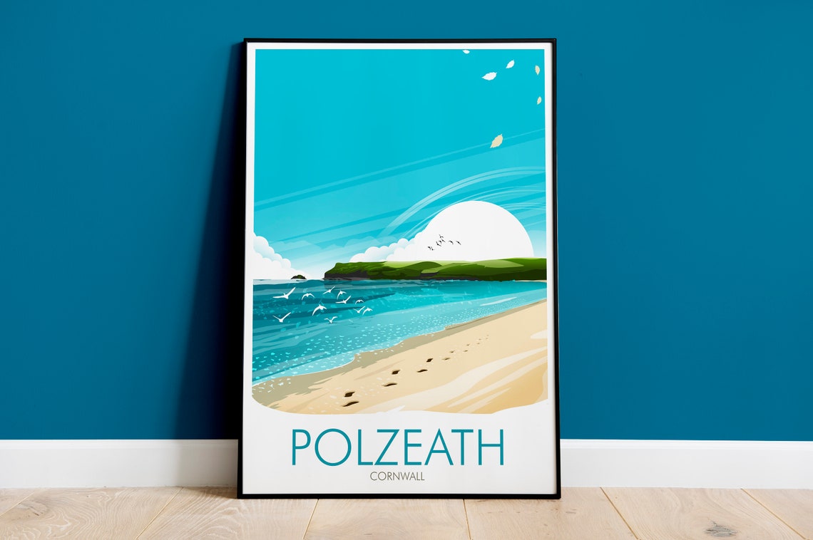 Polzeath Cornwall England Sandy Beach Seagulls Sunset Travel Poster