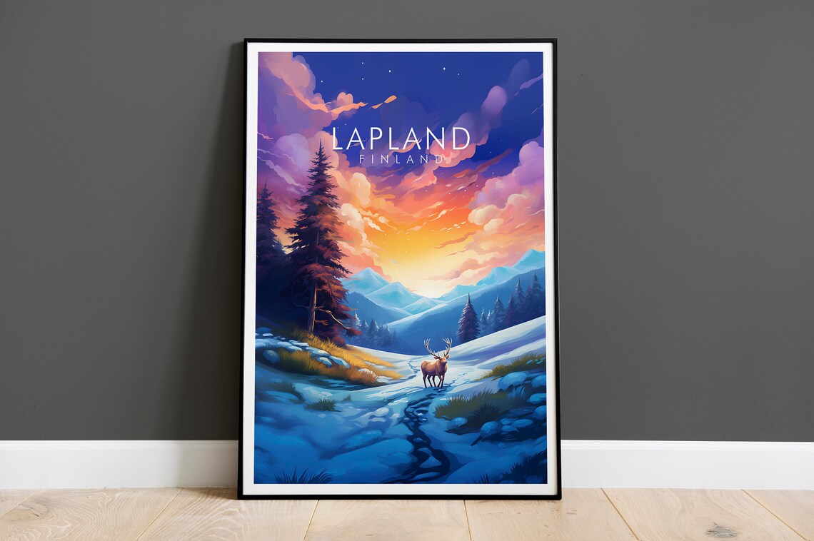 Lapland Finland Reindeer Sunset Arctic Snow Landscape Travel Poster
