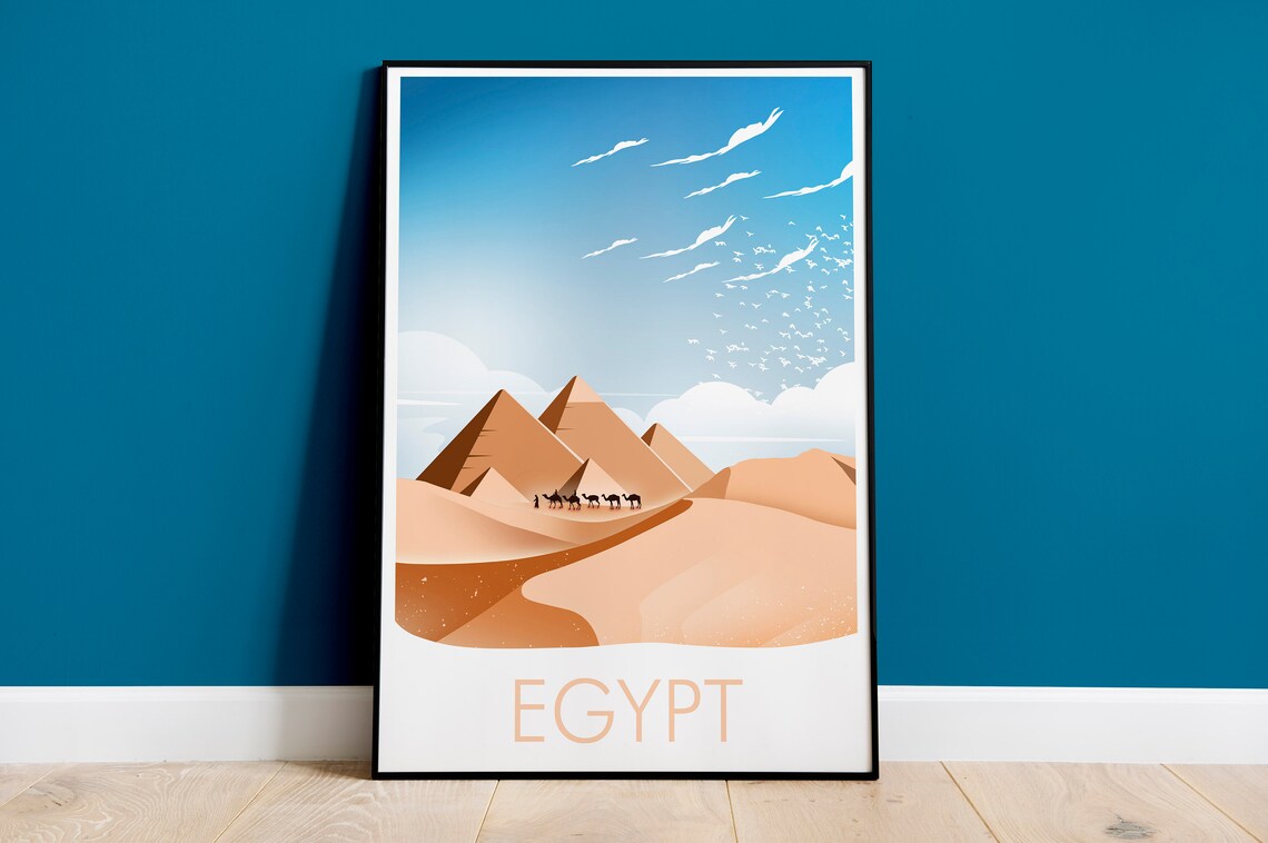 Egypt Pyramids of Giza Camels Desert Dunes Sunset Travel Poster